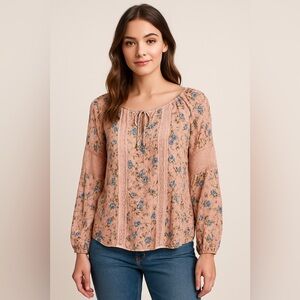 Princess Vera Wang Womens Floral Peasant Top M Lace Trim Boho